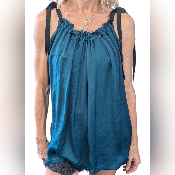 Lanvin Paris Teal Halter Top Ribbon Tie Straps Draped Open Back Size 40 - Picture 1 of 10